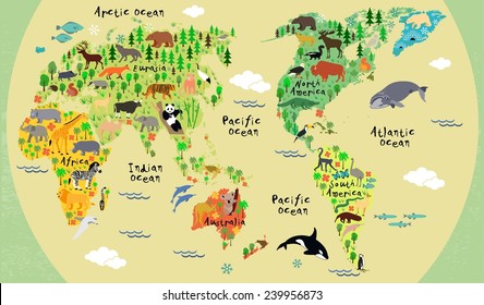 Animal map of the world for children and kids 