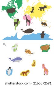 Animal map of the world game for children and kids. Cut out shapes ond match them with shadows.