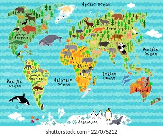 Animal map of the world with waves for children and kids