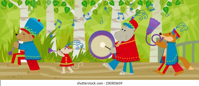 Animal Marching Band - Forest animals with marching band uniform and musical instruments are marching in the forest. Eps10