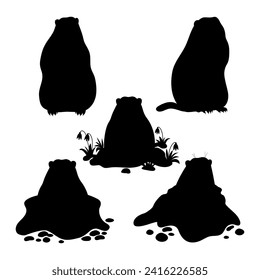 Animal marmot collection. Silhouette rodent groundhog. Isolated black hand drawn. Holiday Groundhog Day February 2. Vector illustration