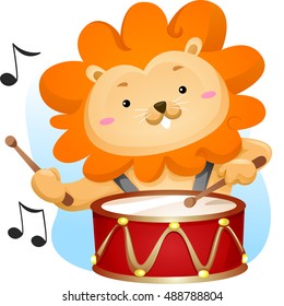 Animal Mascot Illustration Featuring a Cute Male Lion Playing with a Lyre Drum
