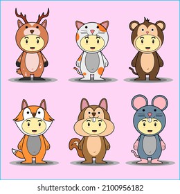 animal mascot outfits, such as deer, cat, monkey, weasel, squirrel, and mouse, on a pink background, are great for using as a corporate mascot in a logo for a website.