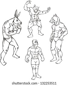 Animal mascots - rabbit, ape, boar. Vector set. Characters with human body and animal head.