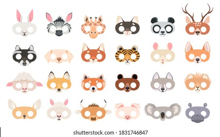 Animal mask set. Photo booth props of beasts face masks, wild zoo and domestic animals head for party masquerade, carnival birthday or halloween colorful accessories cartoon vector isolated collection