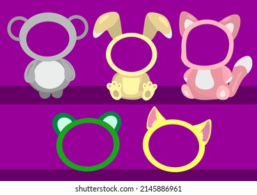 Animal mask. A set of vector masks of the carnival zoo: koala, hare, cat, frog. Carnival stand with illustrations, cartoon prop costume. Masks for a fun photo. Funny faces.