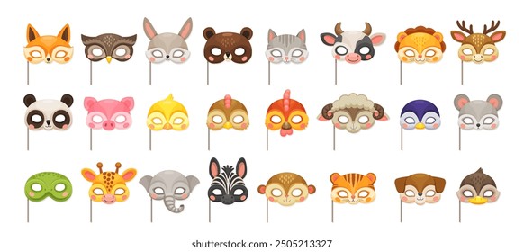 Máscaras de animales para el disfraz de fiesta de carnaval o festival de cumpleaños, caras de zoológico de dibujos animados de Vector. Máscaras divertidas del hocico animal en palillo para el acontecimiento del cumpleaños o de la mascarada de los niños y accesorios del traje del carnaval