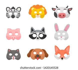 Animal masks flat vector illustrations set. Exotic and common animals. Zebra, lion and cow. Holiday costume party, festival. Pig, raccoon and bunny. Festive masquerade attributes. Cat, dog and fox