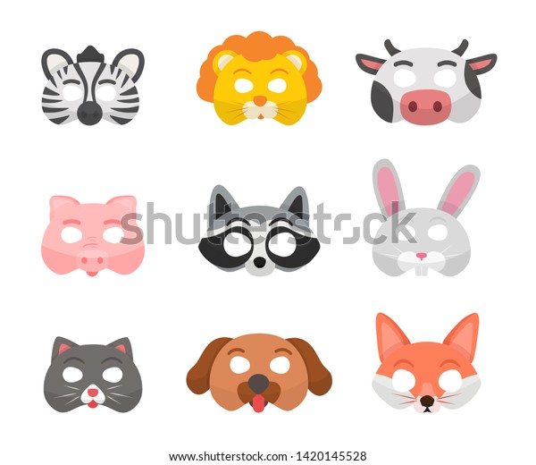 Animal masks flat vector illustrations set. Exotic\
and common animals. Zebra, lion and cow. Holiday costume party,\
festival. Pig, raccoon and bunny. Festive masquerade attributes.\
Cat, dog and fox