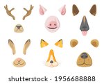 Animal masks for mobile application vector illustrations set. Cartoon bunny, deer, pig, fox, bear and dog face masks with nose and ears on white background. Photo or video chat filter concept