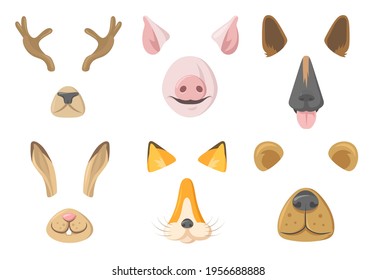 Animal masks for mobile application vector illustrations set. Cartoon bunny, deer, pig, fox, bear and dog face masks with nose and ears on white background. Photo or video chat filter concept