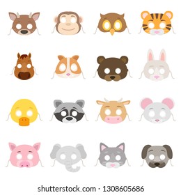 Animal masks set. Collection of mask props such as: deer, monkey, rabbit, tiger, pig, raccoon, elephant, dog,
bear, etc. Isolated vector illustration