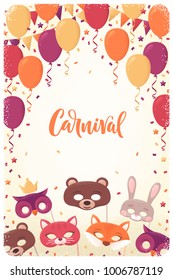 Animal masks, triangular flags, stars, confetti, balloons vertical template. Retro vector illustration. Invitation, poster, banner, card, flyer. Carnival lettering. Place for your text. Costume party