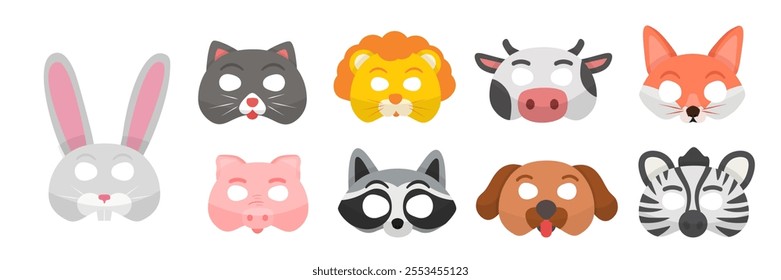 Animal masks vector illustration set. Holiday costume party, festival. Festive masquerade attributes. Rabbit, zebra, lion, cow, pig, raccoon, cat, dog and fox.