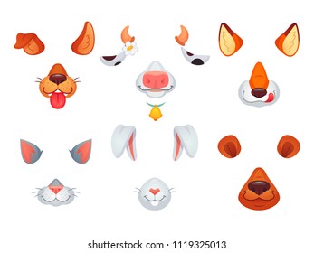 Animal Masks. Video Chat Character Dog, Cat, Fox, Bear, Bunny And Cow Colorful Funny Cartoon Video Mask Symbol. Phone Photo Decor Face Filter With Animals Ears And Nose Snout Icon Vector Isolated Set