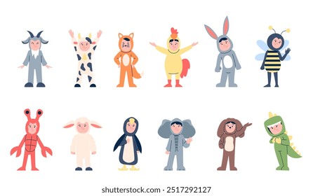 Animal masquerade costumes. Children in amigurumi costume, pajama party little characters. Elephant penguin bunny cow chicken, recent vector set