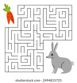 Animal maze game for kids. Cute bunny looking for a way to the carrot. Printable worksheet with solution for school and preschool. Vector cartoon illustration.