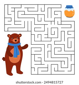 Animal maze game for kids. Cute brown bear looking for a way to the honey. Printable worksheet with solution for school and preschool. Vector cartoon illustration.