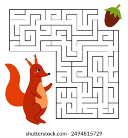 Animal maze game for kids. Cute squirrel looking for a way to the hazelnut. Printable worksheet with solution for school and preschool. Vector cartoon illustration.