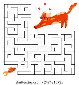 Animal maze game for kids. Cute cat looking for a way to the golden fish. Printable worksheet with solution for school and preschool. Vector cartoon illustration.