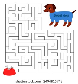 Animal maze game for kids. Cute dog looking for a way to the bowl of bones. Printable worksheet with solution for school and preschool. Vector cartoon illustration.