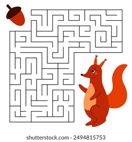 Animal maze game for kids. Cute squirrel looking for a way to the acorn. Printable worksheet with solution for school and preschool. Vector cartoon illustration.