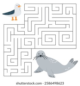 Animal maze game for kids. Cute seagull looking for a way to the seal. Printable worksheet with solution for school and preschool. 