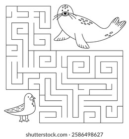 Animal maze game for kids. Cute seagull looking for a way to the seal. Printable worksheet with solution for school and preschool. 