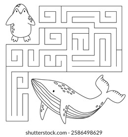 Animal maze game for kids. Cute whale looking for a way to the penguin. Printable worksheet with solution for school and preschool. 
