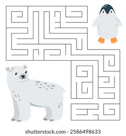 Animal maze game for kids. Cute polar bear looking for a way to the penguin. Printable worksheet with solution for school and preschool. 