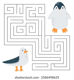 Animal maze game for kids. Cute seagull looking for a way to the penguin. Printable worksheet with solution for school and preschool. 