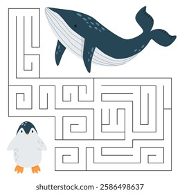 Animal maze game for kids. Cute whale looking for a way to the penguin. Printable worksheet with solution for school and preschool. 