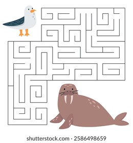 Animal maze game for kids. Cute seagull looking for a way to the walrus. Printable worksheet with solution for school and preschool. 