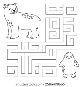 Animal maze game for kids. Cute polar bear looking for a way to the penguin. Printable worksheet with solution for school and preschool. 