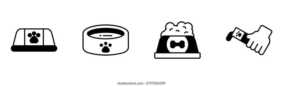 Animal Mealtime Icon Set Featuring Feeding Bowl Hydration Bowl Treat Reward and Pet Owner Interaction