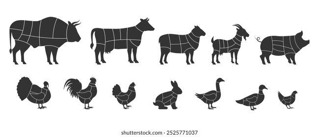 Diagramme zur Zerlegung von Tierfleisch. Bulle, Huhn, Gans, Kuh, Ente, Widder, Truthahn, Wachtel, Hahn, Henne, Ziege, Kaninchen, Ziege, Schwein. Vektorgrafik.