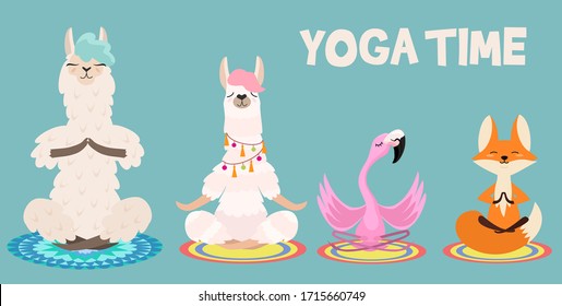 Animal meditation set: llama, fox and flamingo. Vector elements  Can be used as stickers.