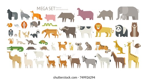Animal mega set side view pose. mammal land based wildlife animals. geometric vector illustration flat design