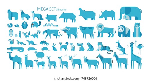 Animal mega set side view pose. mammal land based wildlife animals. geometric vector illustration flat design