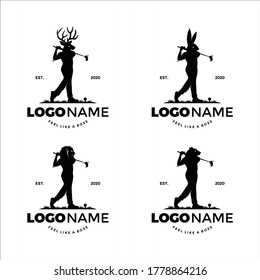 Animal men do playing golf sport logos.  Graphic illustration for healthy activities. Silhouette pose of characters swinging club, hitting golf ball to  win match. Editable EPS vector file. Apply to web, brand