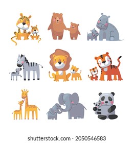 Animal mom and baby, cute cartoon family set. Vector illustration of animal happy parent and small child, funny wild elephant giraffe rhino tiger bear zebra lion leopard panda. Motherhood concept