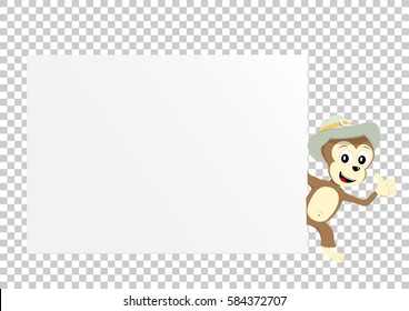 Animal monkey which holds clear white template banner poster or paper for graphic and text messages on transparent background