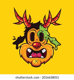 animal monster head deer antlers character mascot vector icon illustration. with the concept of animal monsters being hit by the zombie virus.flat cartoon concept