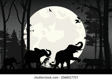 animal and moon silhouette landscape