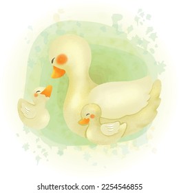 Animal Mother and Baby Duck in Watercolor Style for Mother's Day Celebration