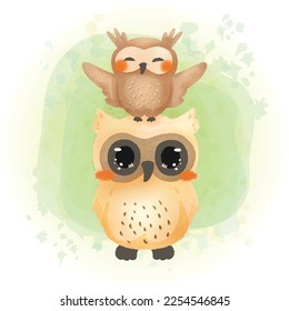 Animal Mother and Baby Owl in Watercolor Style for Mother's Day Celebration
