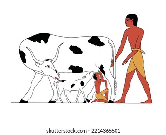 Animal Motherhood Scenes in Ancient Egypt . a boy and a young calf suckling from a cow in the same time . Vector Illustration.