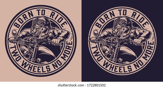 Animal moto rider vintage badge with ferocious wild boar head biker riding motorcycle in monochrome style isolated vector illustration