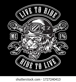 Animal moto rider vintage emblem with crossed spanners and ferocious tiger head in biker helmet isolated vector illustration