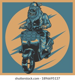 Animal moto rider vintage label with aggressive gorilla wearing sunglasses in motorbike. Bestride on mini old retro motorcycle. Vector illustration design for biker lover. T-shirt prints apparel
